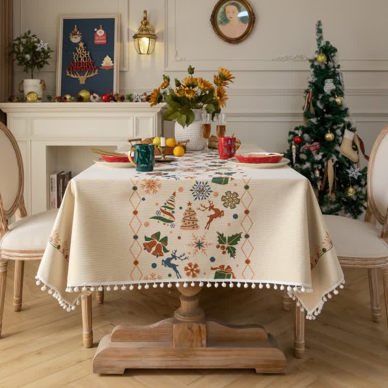 Tovaglia jacquard beige ispirata al Natale - 140cm x 260cm - image 0