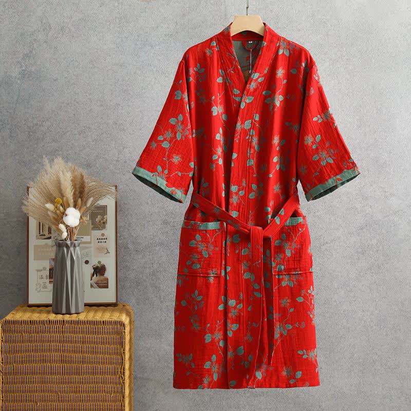 Vestaglia Yukata in garza di cotone con foglie di ramo - XL - image 0