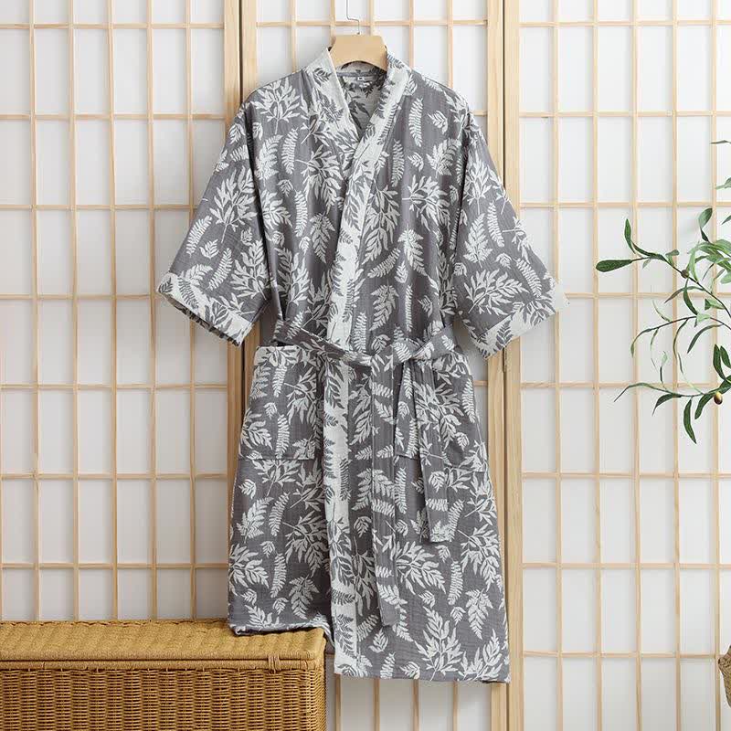 Abito Yukata Kimono in garza di cotone con foglie - Grigio - XL - image 5