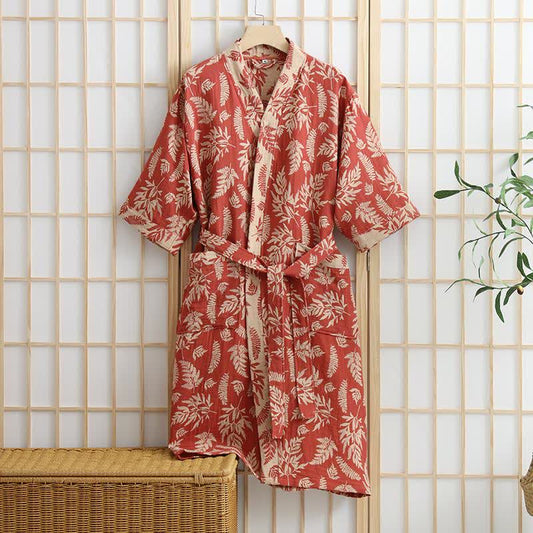 Abito Yukata Kimono in garza di cotone con foglie - Rosso arancione - XL - image 0