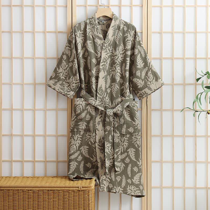 Abito Yukata Kimono in garza di cotone con foglie - Verde - XL - image 7