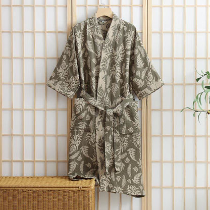 Abito Yukata Kimono in garza di cotone con foglie - Verde - XL - image 7
