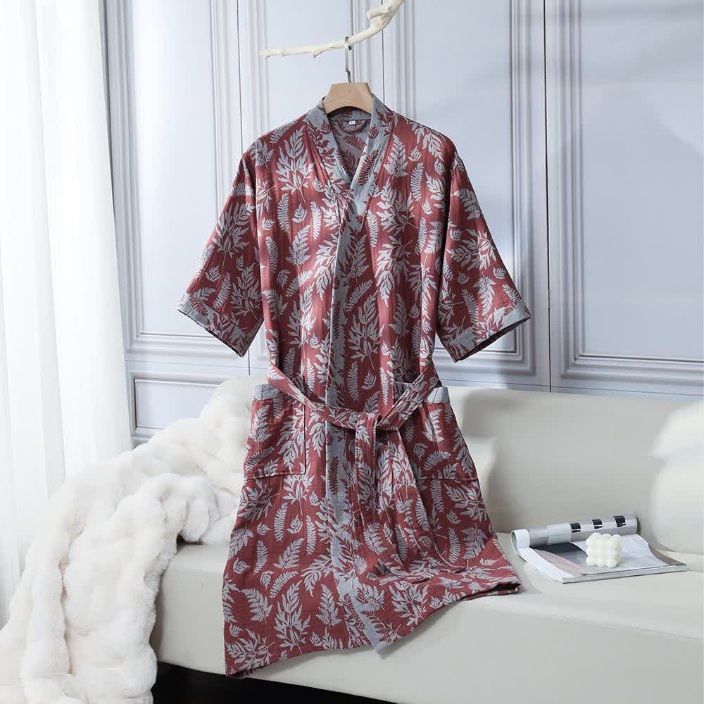 Abito Yukata Kimono in garza di cotone con foglie - Vino - XL - image 9