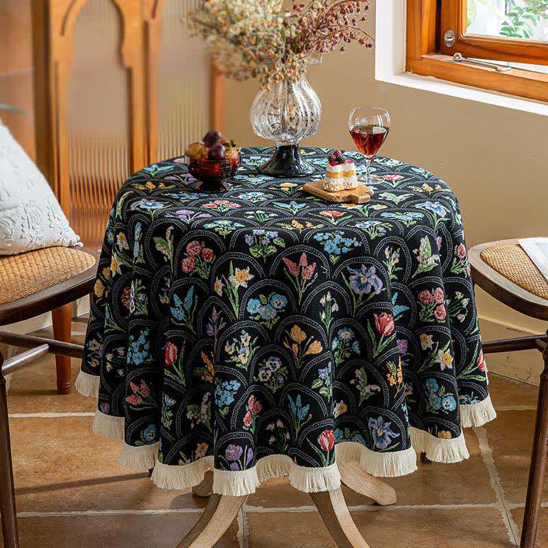Tovaglia con nappa e bouquet in fiore vintage - Nero - Tondo 140cm - image 1