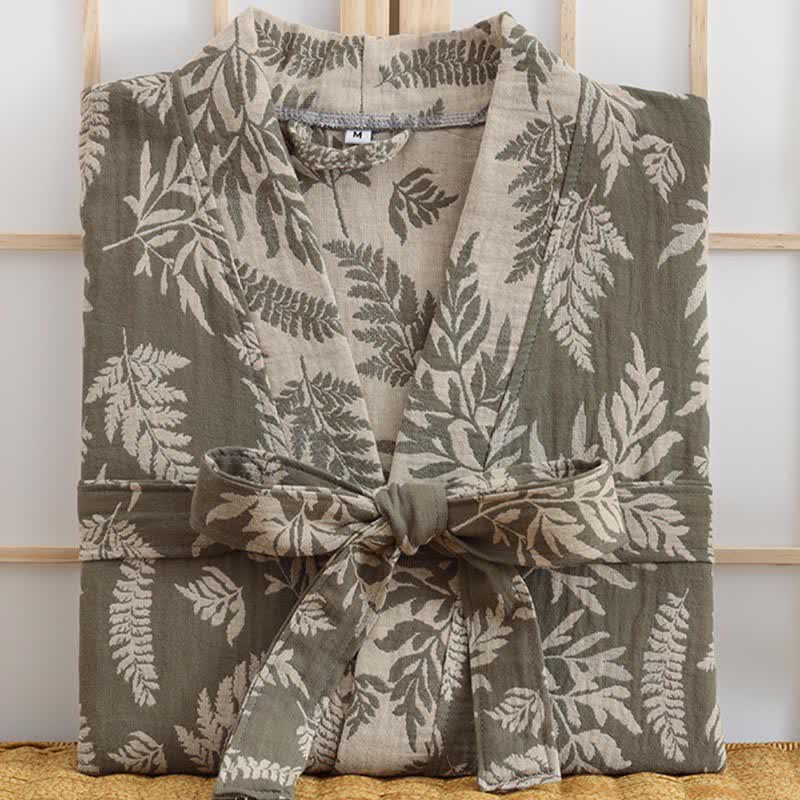 Abito Yukata Kimono in garza di cotone con foglie - image 8