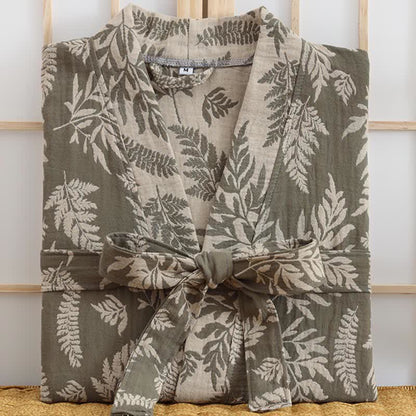 Abito Yukata Kimono in garza di cotone con foglie - image 8