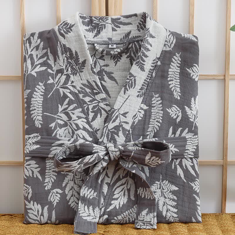 Abito Yukata Kimono in garza di cotone con foglie - image 6