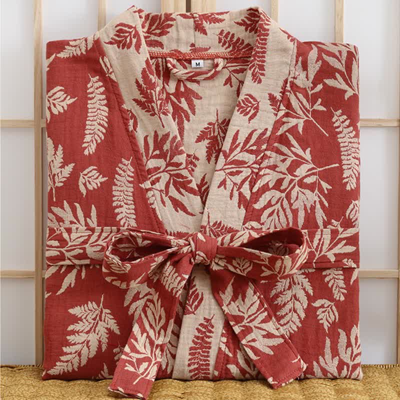 Abito Yukata Kimono in garza di cotone con foglie - image 1