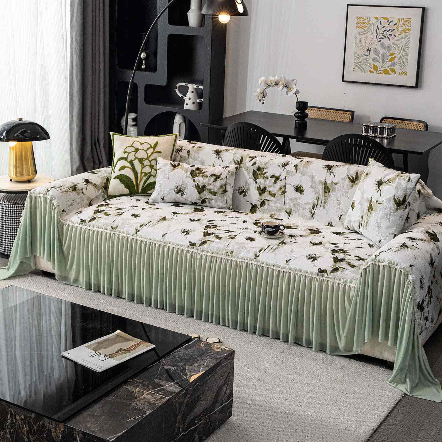 Copridivano con gonna a fiori Ink - Verde - 180cm x 340cm - image 0