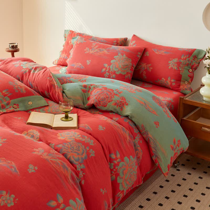Lussuosa biancheria da letto in garza di cotone jacquard con motivo peonia - image 1