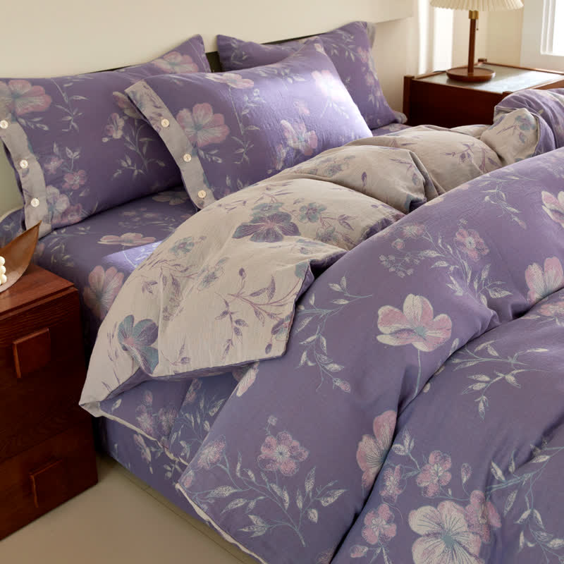 Biancheria da letto in garza di cotone jacquard floreale viola - image 1