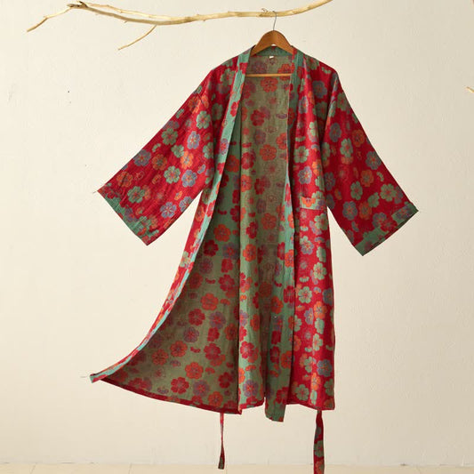 Kimono in garza di cotone con fiori di prugna - Rosso - XL - image 0