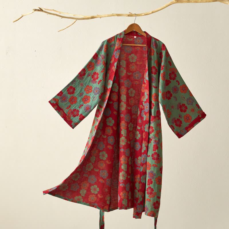 Kimono in garza di cotone con fiori di prugna - Verde - XL - image 10