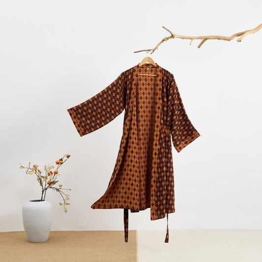 Kimono in garza di cotone a quadri a rombi - Marrone e rosso - 2XL - image 0