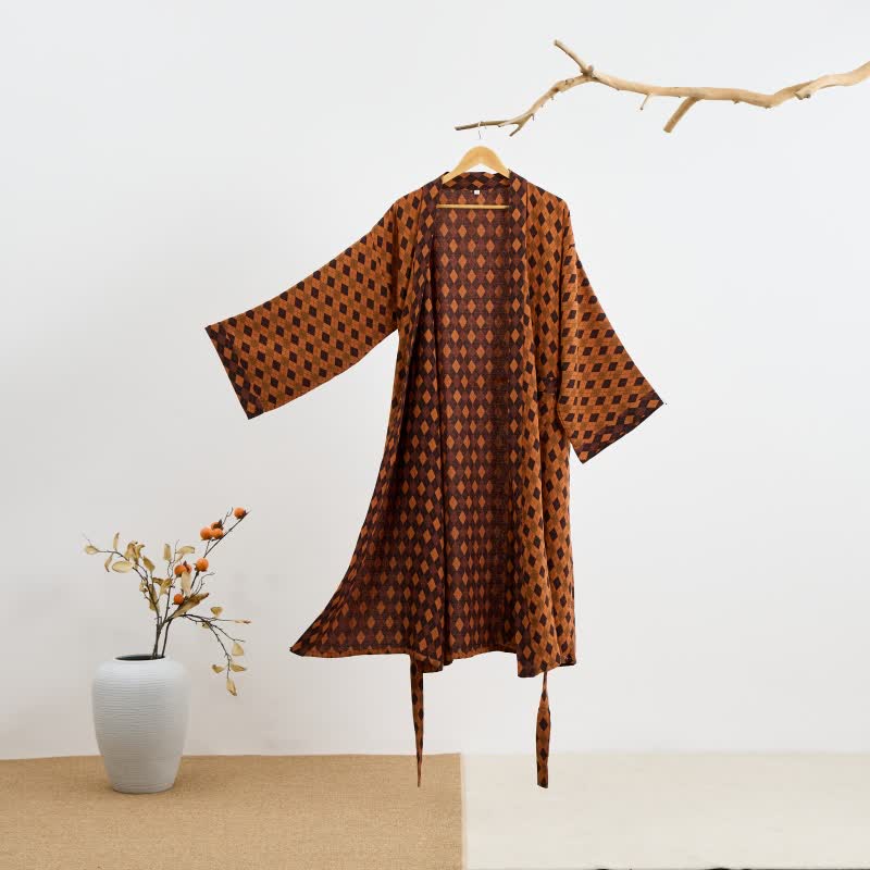 Kimono in garza di cotone a quadri a rombi - Marrone e giallo - 2XL - image 6