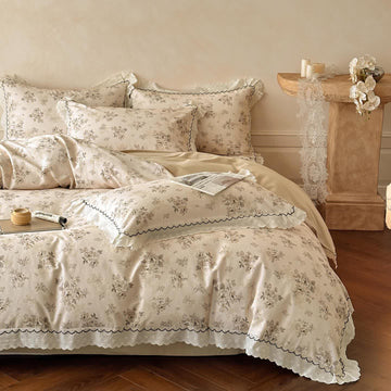Set di biancheria da letto in cotone con stampa floreale arricciata - Matrimoniale Grande - image 0