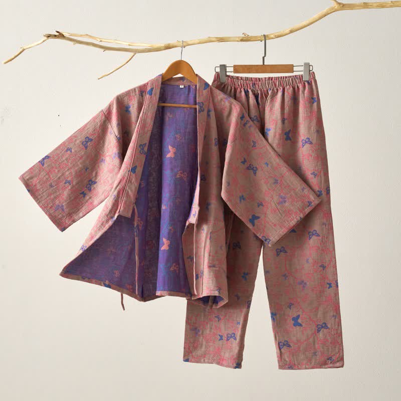 Completo da salotto in kimono di garza di cotone a farfalla - Marrone - XL - image 4
