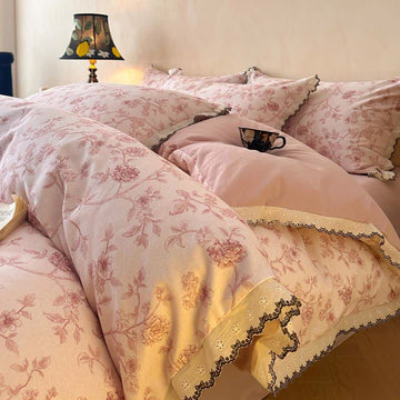 Set di biancheria da letto vintage in cotone con pizzo floreale - Rosa - Matrimoniale Grande - image 0