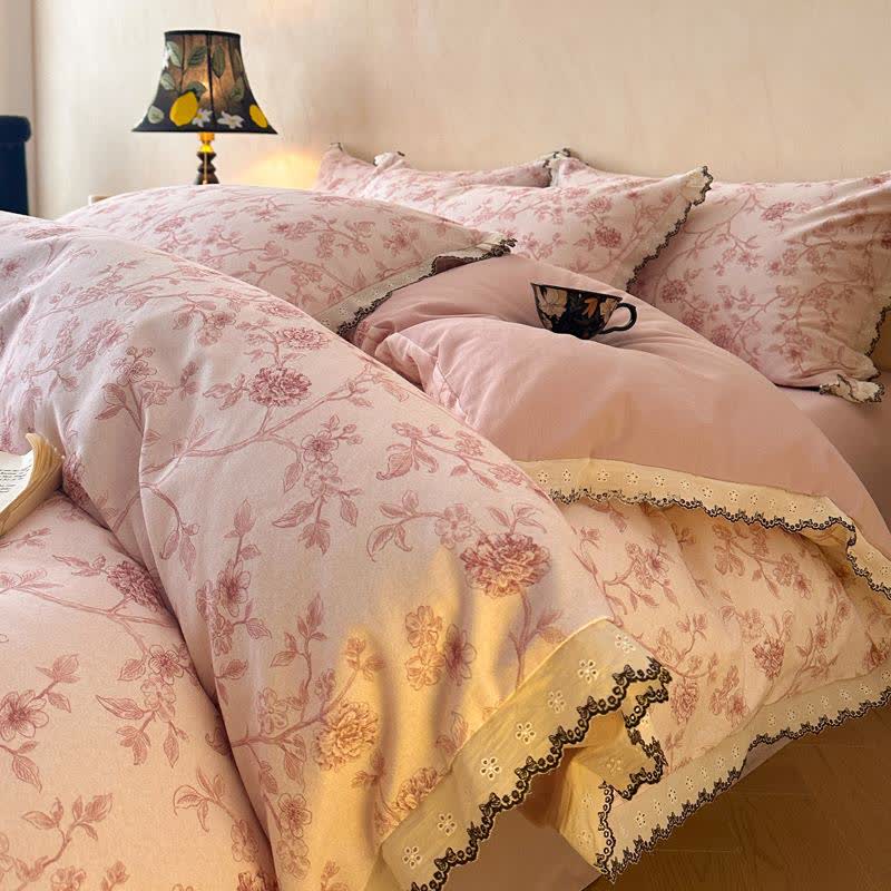 Set di biancheria da letto vintage in cotone con pizzo floreale - Rosa - Matrimoniale Grande - image 0
