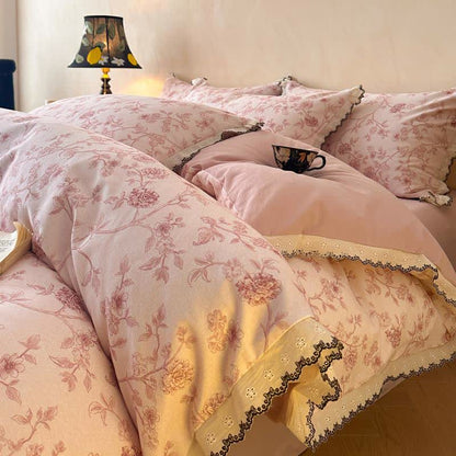 Set di biancheria da letto vintage in cotone con pizzo floreale - Rosa - Matrimoniale Grande - image 0