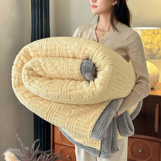 Coperta in peluche con bordi a contrasto in rilievo geometrico - Giallo - Matrimoniale - image 0