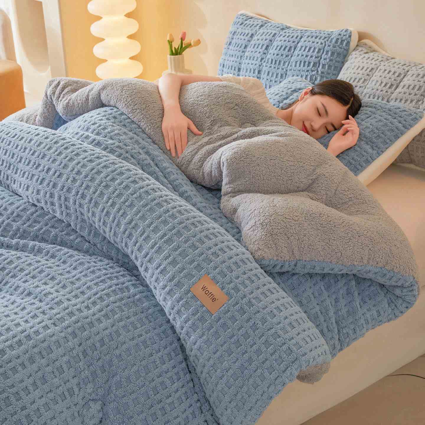 Coperta calda in peluche jacquard a nido d'ape - Blu - Matrimoniale - image 0