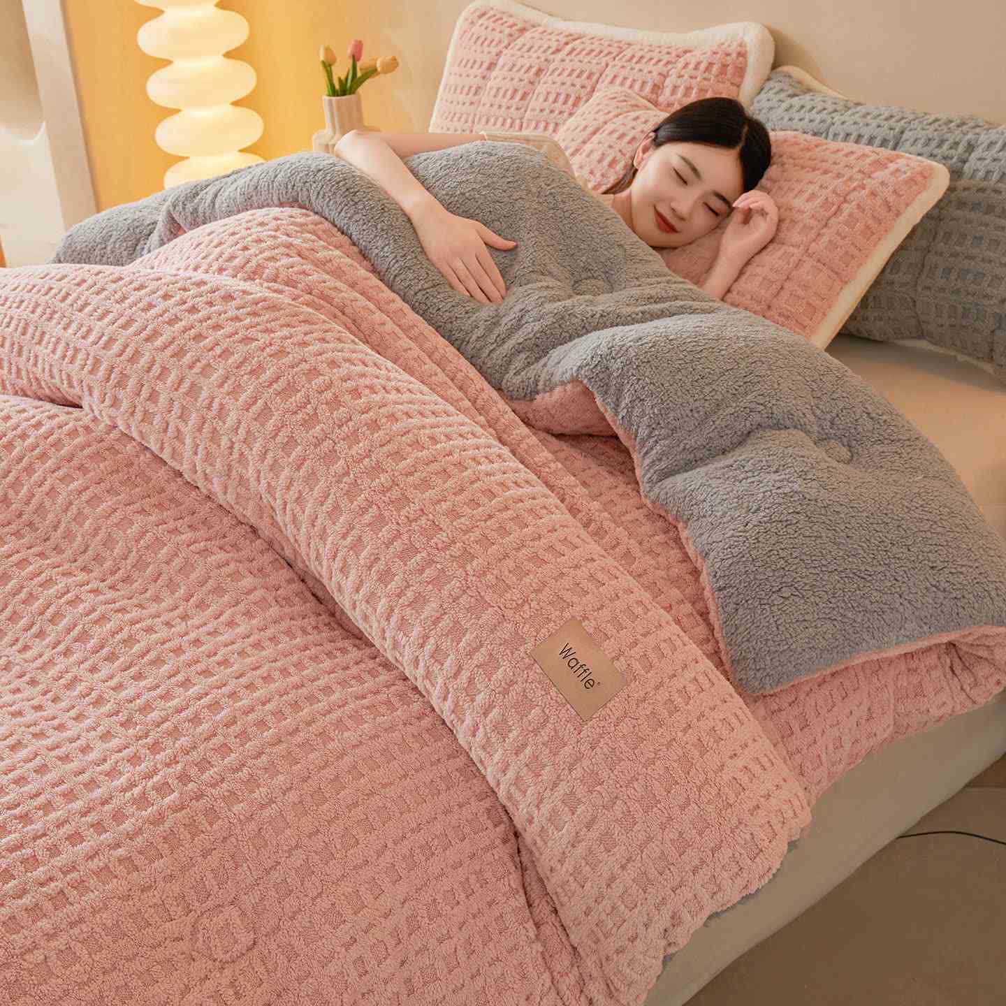 Coperta calda in peluche jacquard a nido d'ape - Rosa - Matrimoniale - image 9