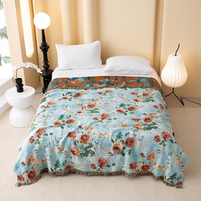 Trapunta in garza di cotone con nappa di rosa dipinta - Matrimoniale - image 0