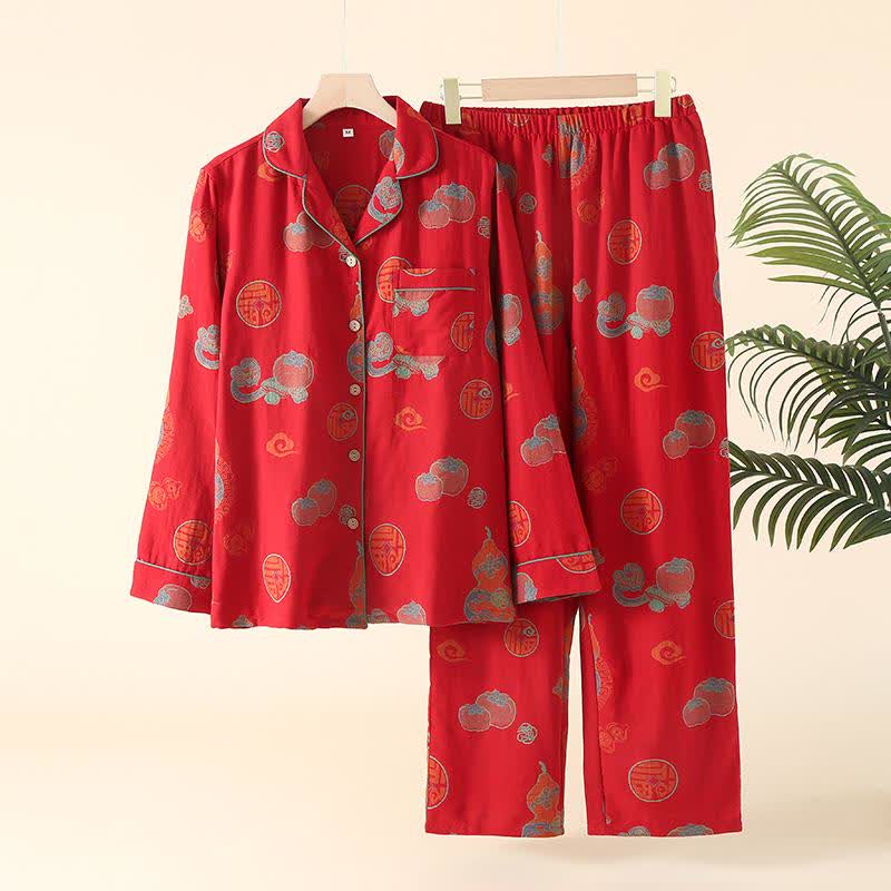 Completo da notte in cotone con zucca e cachi di buon auspicio - Donne: Rosso - XL - image 1