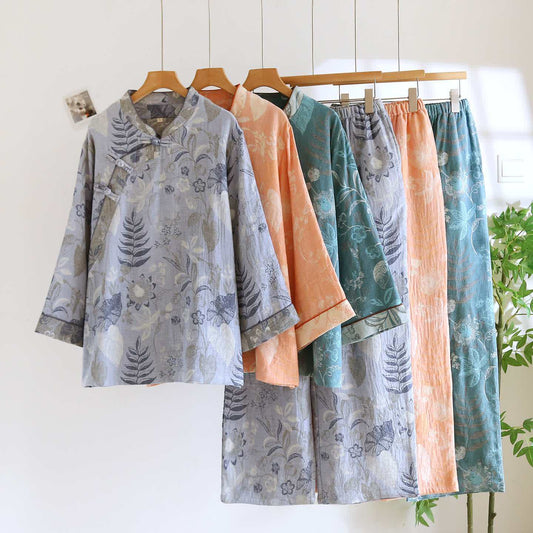 Pigiama in garza di cotone floreale di ispirazione orientale - image 0