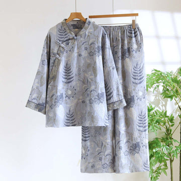 Completo pigiama in garza di cotone con stampa floreale d'ispirazione orientale. - Grigio Blu - 2XL - image 0