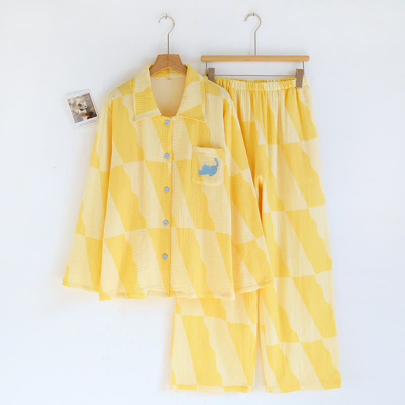 Pigiama in cotone a quadri con tasca per gatto - image 2