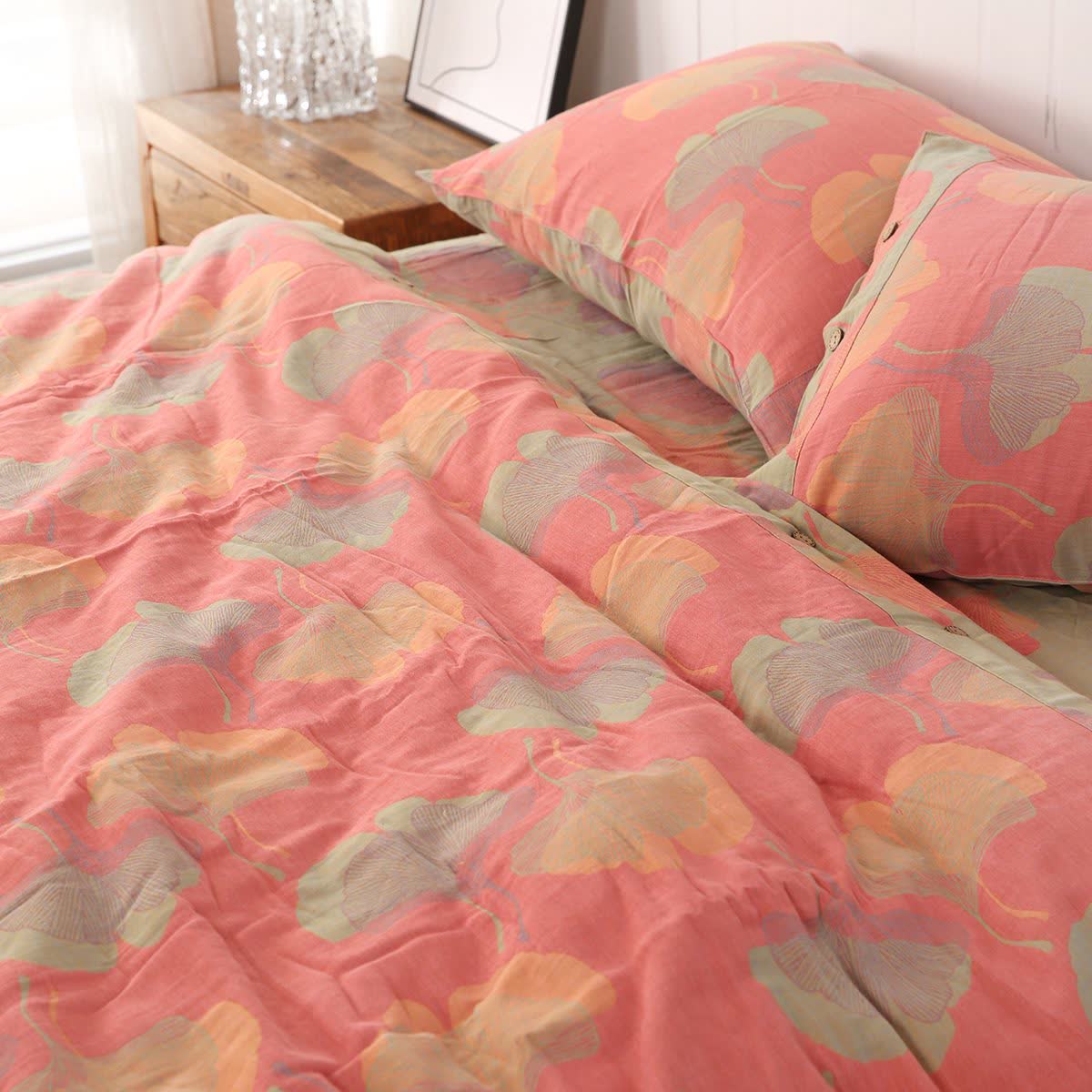 Set di biancheria da letto reversibile in cotone con foglie di ginkgo (4 pezzi) - Rosa - Set di biancheria da letto - Matrimoniale - image 6