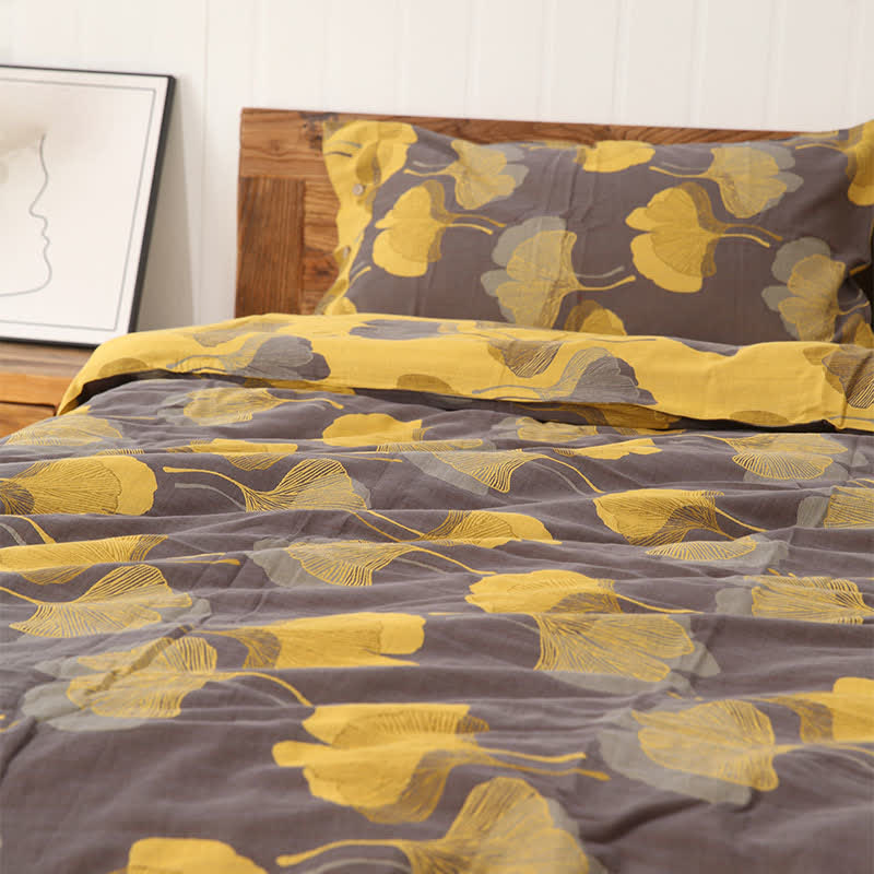 Set di biancheria da letto reversibile in cotone con foglie di ginkgo (4 pezzi) - image 2