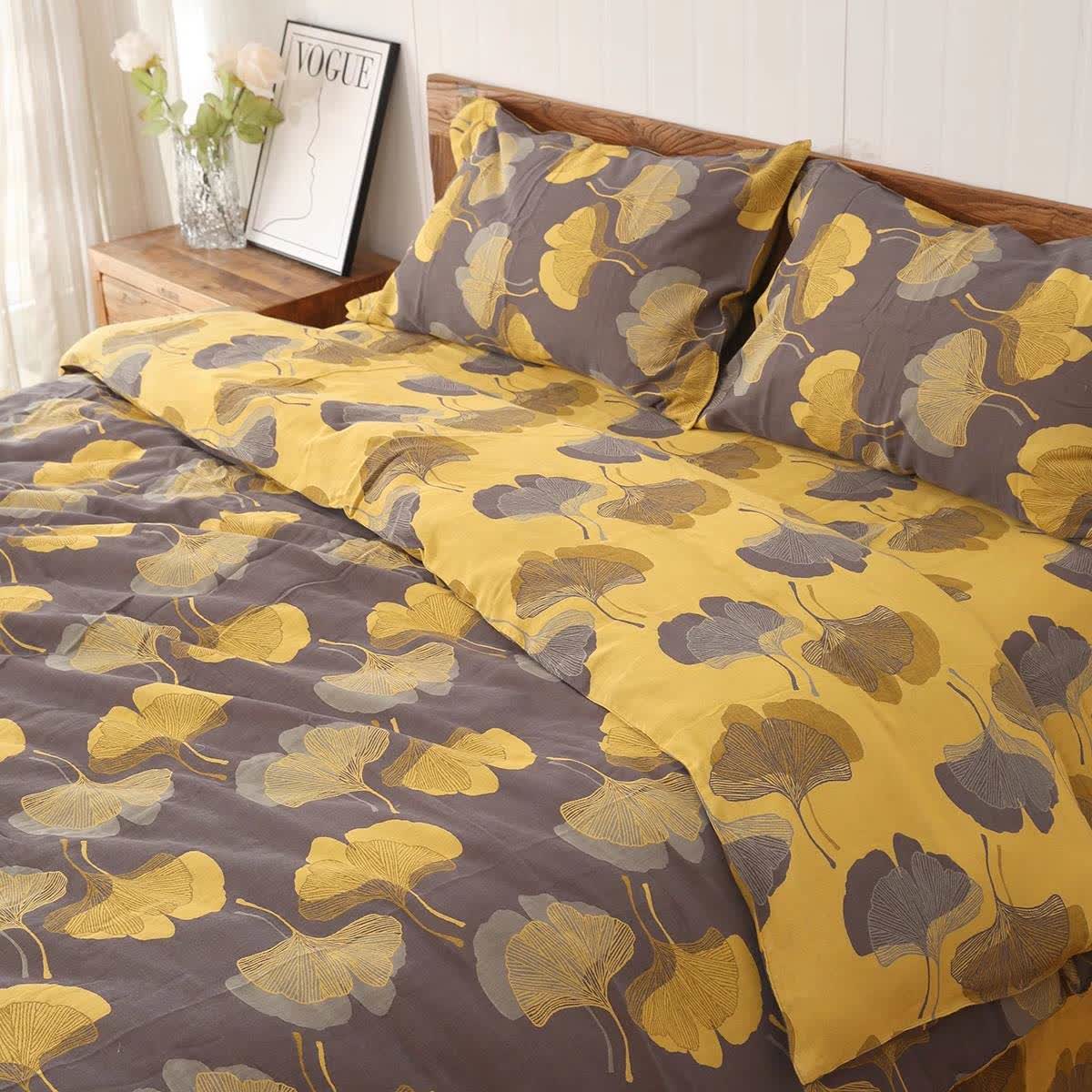 Set di biancheria da letto reversibile in cotone con foglie di ginkgo (4 pezzi) - Grigio - Set di biancheria da letto - Matrimoniale - image 1