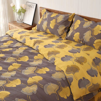 Set di biancheria da letto reversibile in cotone con foglie di ginkgo (4 pezzi) - Grigio - Set di biancheria da letto - Matrimoniale - image 1