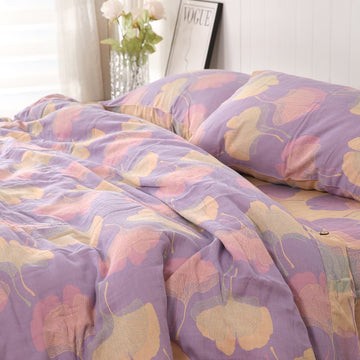 Set di biancheria da letto reversibile in cotone con foglie di ginkgo (4 pezzi) - Viola chiaro - Set di biancheria da letto - Matrimoniale - image 0