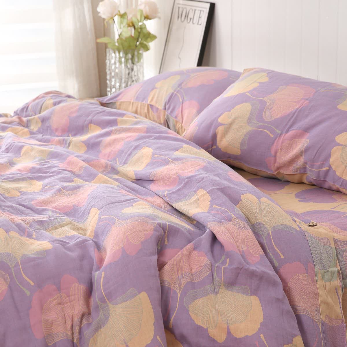 Set di biancheria da letto reversibile in cotone con foglie di ginkgo (4 pezzi) - Viola chiaro - Set di biancheria da letto - Matrimoniale - image 0