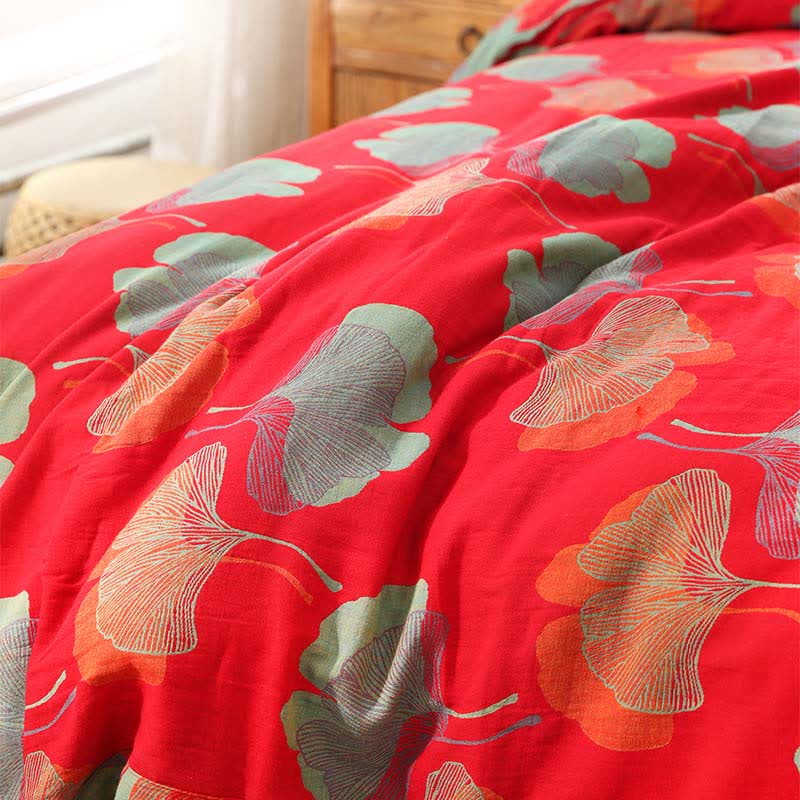 Set di biancheria da letto reversibile in cotone con foglie di ginkgo (4 pezzi) - image 4