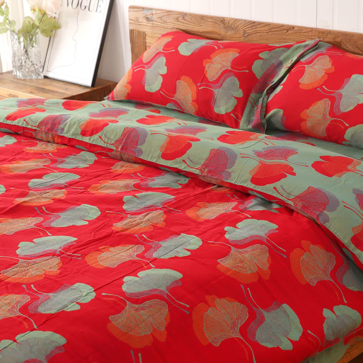 Set di biancheria da letto reversibile in cotone con foglie di ginkgo (4 pezzi) - Rosso - Set di biancheria da letto - Matrimoniale - image 3