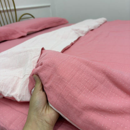 Biancheria da letto minimalista in garza di cotone reversibile - Rosa e bianco - Set di biancheria da letto - Matrimoniale Grande - image 7