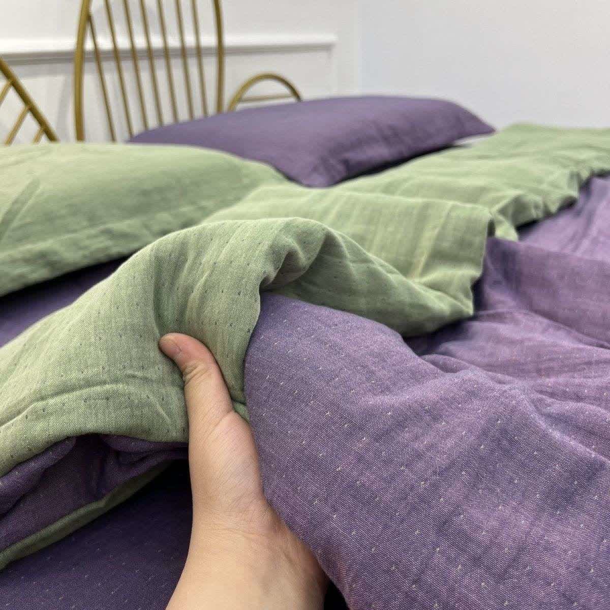Biancheria da letto minimalista reversibile in garza di cotone - Viola e verde - Set di biancheria da letto - Matrimoniale Grande - image 4