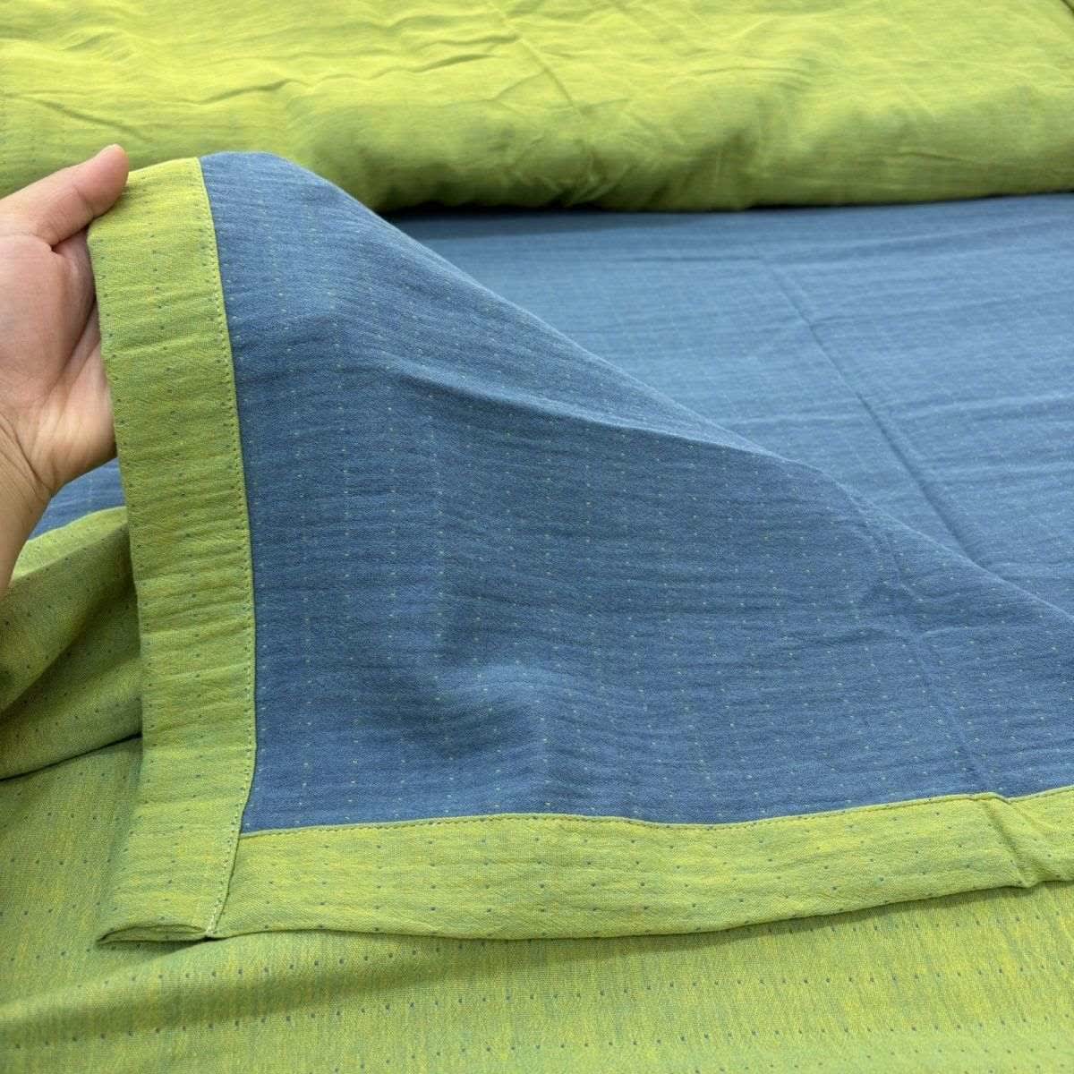 Biancheria da letto minimalista in garza di cotone reversibile - Blu e verde - Lenzuolo - Matrimoniale Grande - image 1