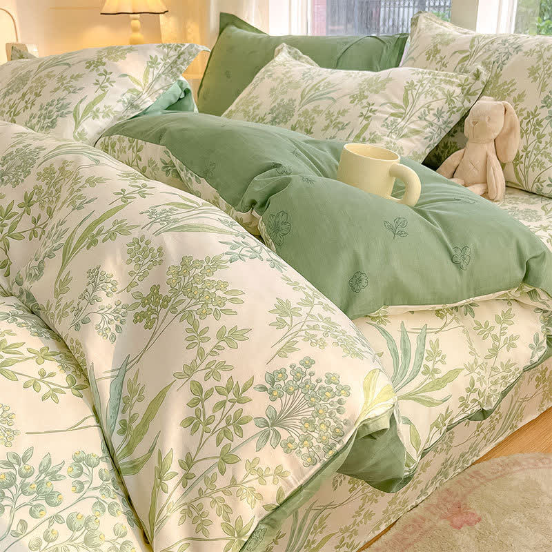 Set di biancheria da letto in cotone biologico con foglie botaniche (4 pezzi) - Set di biancheria da letto con lenzuolo con angoli - Matrimoniale - image 0