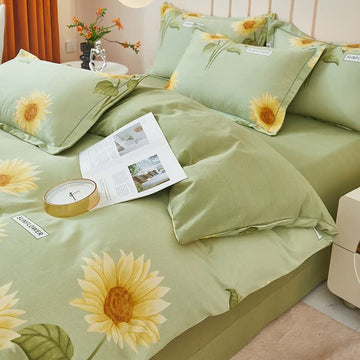 Set di biancheria da letto in cotone spazzolato con motivo girasole fresco (4 pezzi) - Matrimoniale Grande - image 0