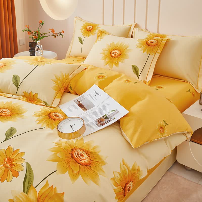 Set di biancheria da letto reversibile in cotone spazzolato con motivo girasole (4 pezzi) - image 5