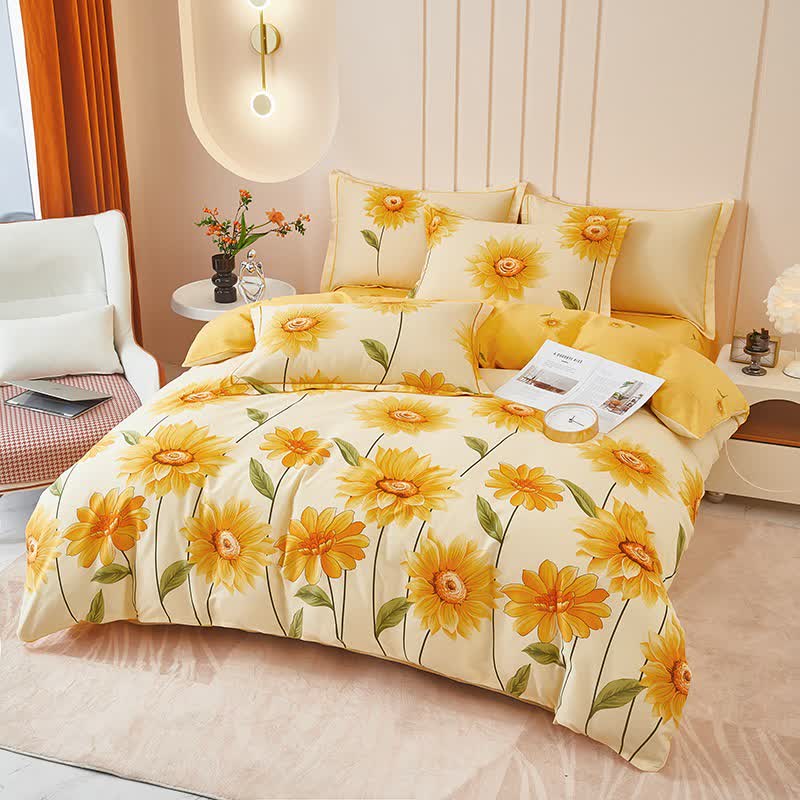 Set di biancheria da letto reversibile in cotone spazzolato con motivo girasole (4 pezzi) - image 3