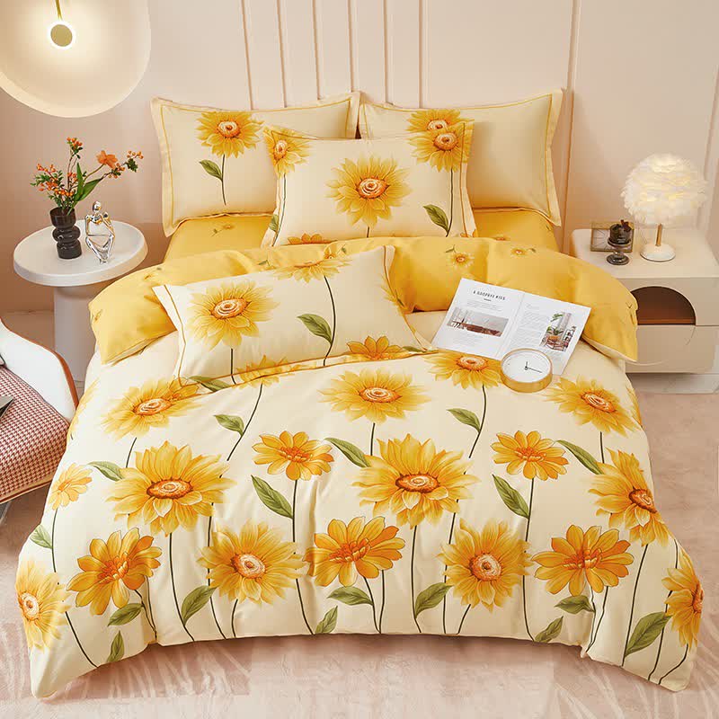 Set di biancheria da letto reversibile in cotone spazzolato con motivo girasole (4 pezzi) - image 1