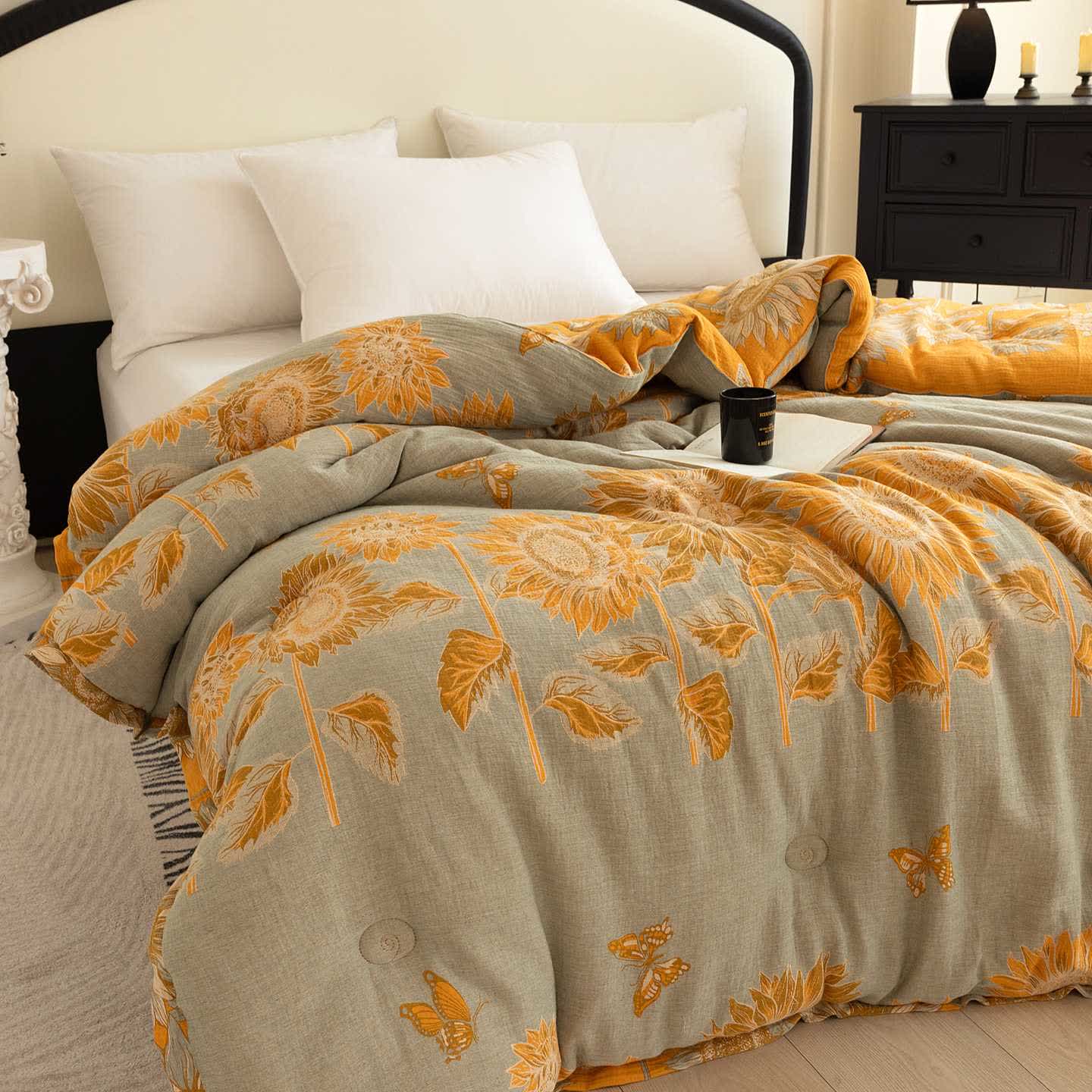 Trapunta in cotone a doppia garza con motivo girasole pastorale - image 1