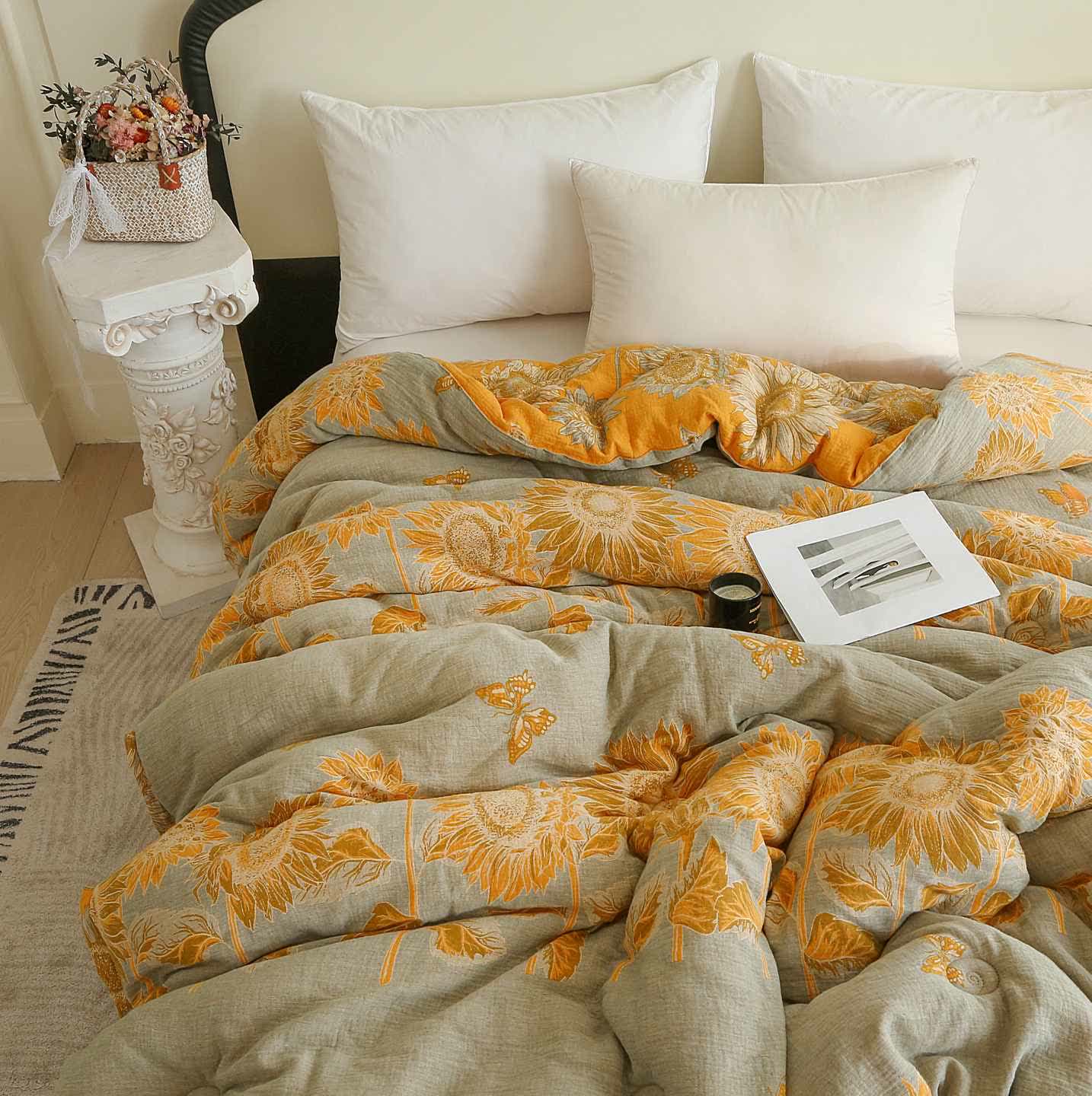 Trapunta in cotone a doppia garza con motivo girasole pastorale - image 3